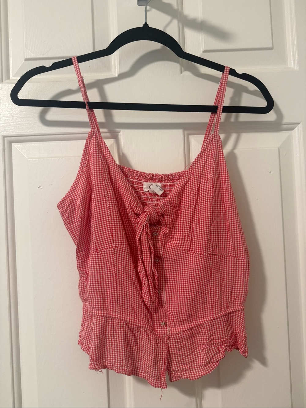 Japna Red Gingham Smocked Neck Blouse